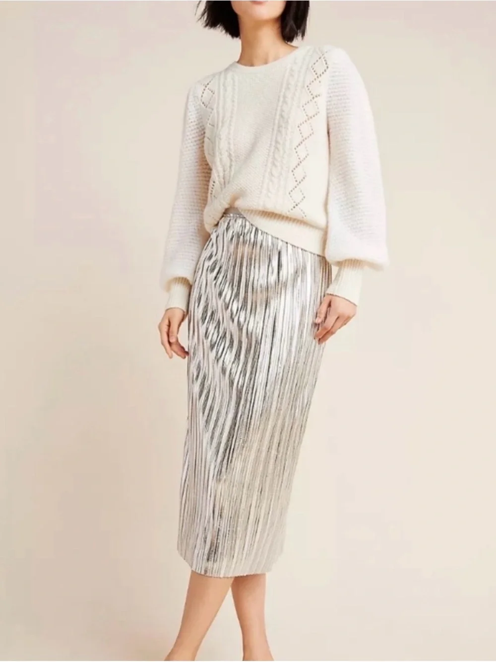 Maeve Nikola Metallic Silver Pleated Midi Skirt 2